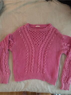 Mystree Rose Pink Cable Knit Crewneck Sweater